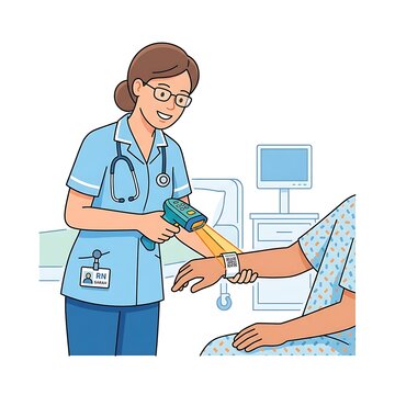 Nurse scanning patient wristband with digital barcode reader in hospital