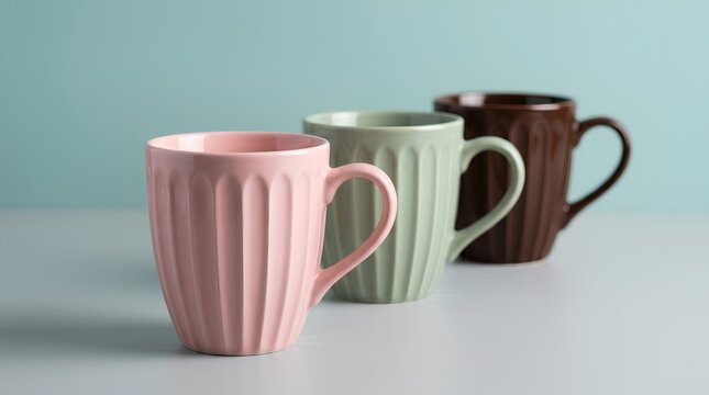 Three Pastel Fluted Ceramic Coffee Mugs in a Row, Cafe Drinkware Mockup on Soft Blue Background