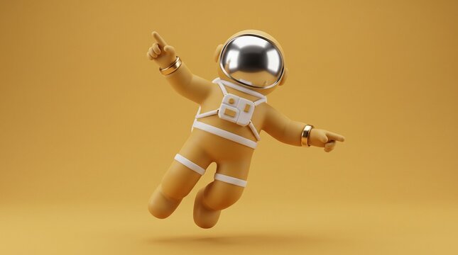 Cute 3D Astronaut Character Floating and Pointing on Yellow Background, Space Discovery Concept