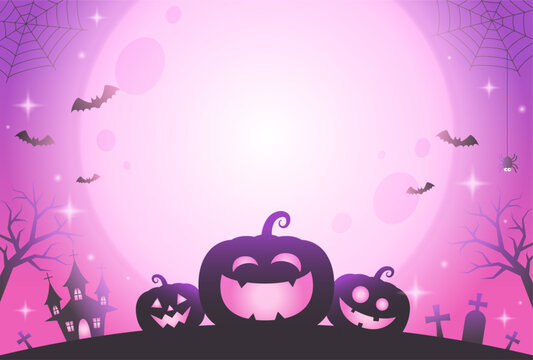 cute halloween night vector background with pumpkins, pink moon and bats