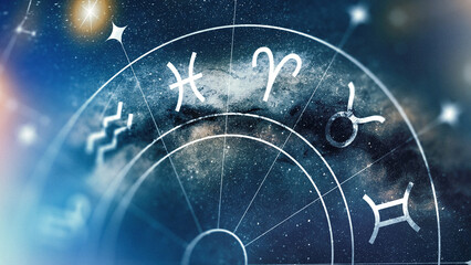 Astrology zodiac signs in the night sky showing constellations and symbols of the zodiac wheel © fotofabrika