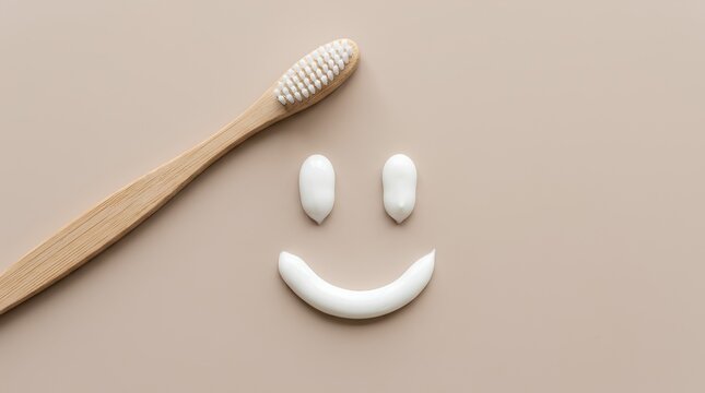 Bamboo Toothbrush and Toothpaste Smiley Face on Beige Background, Sustainable Oral Hygiene Concept