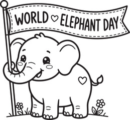 Naklejka premium Cute baby elephant holding a flag that says world elephant day vector coloring page with elephant wildlife celebration