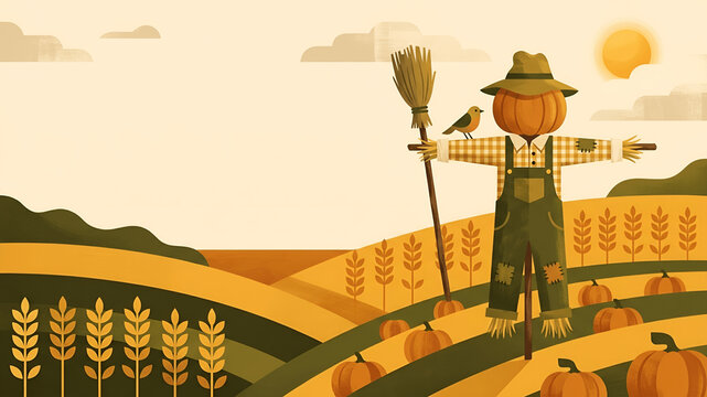 Scarecrow in autumn field with minimalist design