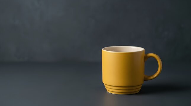 Yellow Ceramic Coffee Mug with Copy Space on Dark Grey Textured Background, Minimalist Tea Cup Mockup