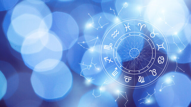 Astrology zodiac signs in light blue background with bright circles and star patterns
