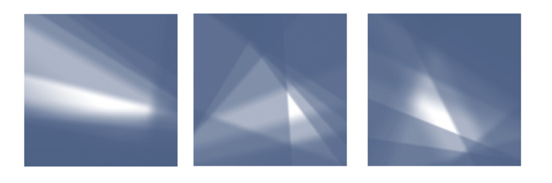 Tres cuadros con textura de fondo azul cielo y destellos de luz difuminados en formas geom&eacute;tricas