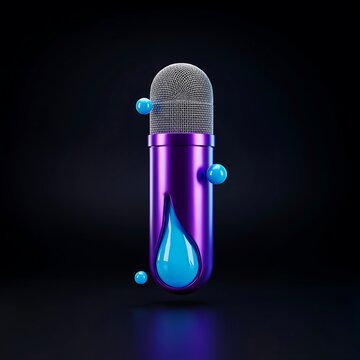 Futuristic purple microphone with blue liquid drops, 3D studio render of vertical wind tunnel microphone, neon audio visualizer concept, cyber sound recording studio illustration for music and