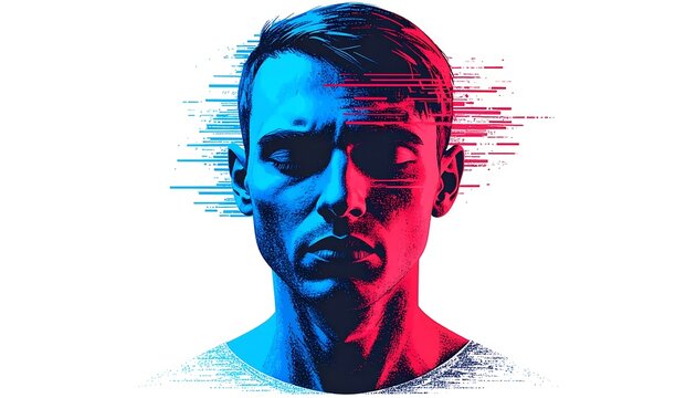 Abstract digital portrait of a person with vibrant blue and red face paint.