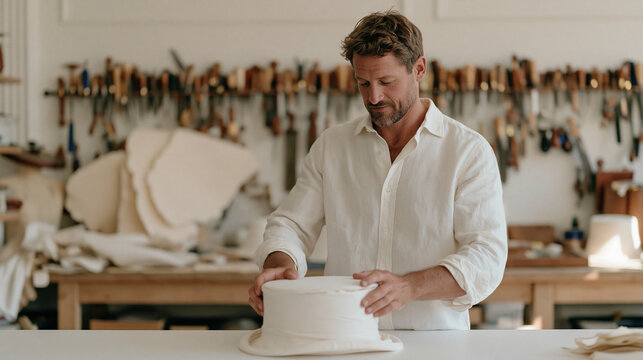 A milliner secures a wrapped hat form for transport on a sterile white surface, a full row of specialist hand tools hung on a wall behind, deckle-edge paper pattern pieces visible