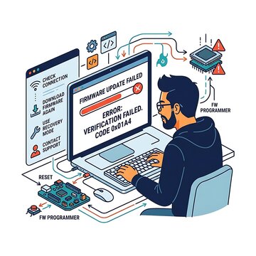 Programmer troubleshooting a firmware update failure on a computer