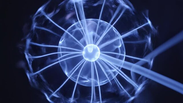 Plasma ball glowing with electric arcs in darkness during scientific experiment for technology concepts