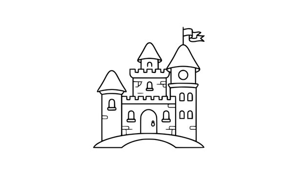 Fairy tale castle linear vector icon with towers flags and arched entrance for digital design
