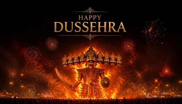 Happy dussehra greeting design featuring a burning effigy of ravana surrounded by bright fireworks and festive crowd silhouettes dussehra festival indian festival