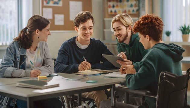 Grupo de j&oacute;venes colaborando alrededor de una mesa con cuadernos y tableta, incluyendo una persona en silla de ruedas, en un espacio educativo