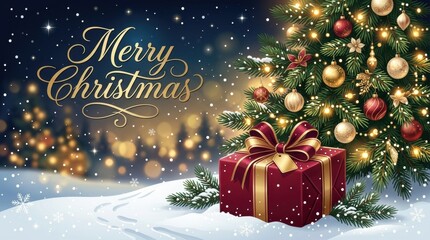 Obraz premium Merry Christmas greeting with decorated tree and gift in snowy landscape