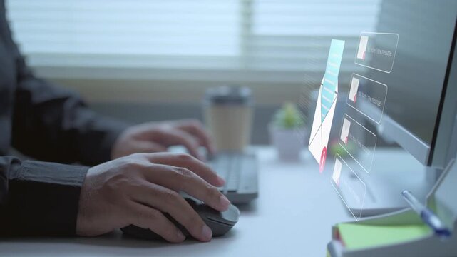 Email notification concept with businessman using computer mouse for digital communication and office correspondence