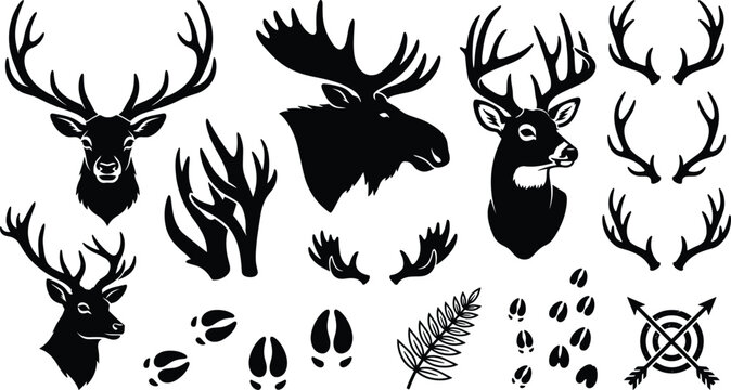 Deer hunting and forest wildlife black silhouette vector icon set featuring buck heads antlers moose tracks and target arrow symbols concept