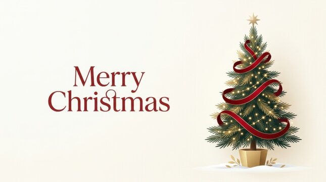 Elegant Merry Christmas greeting with a decorated evergreen tree and festive lights