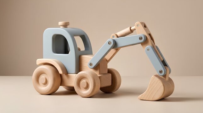Wooden Toy Excavator on Neutral Background, Handcrafted Eco Friendly Construction Truck Model