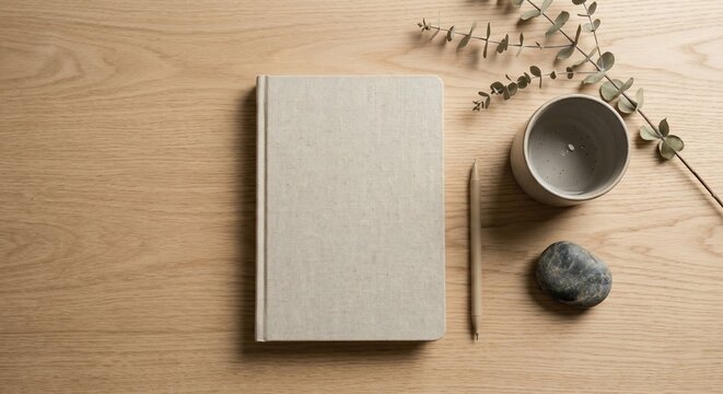 Minimalist flat lay composition with closed beige notebook and stationery on wooden desk