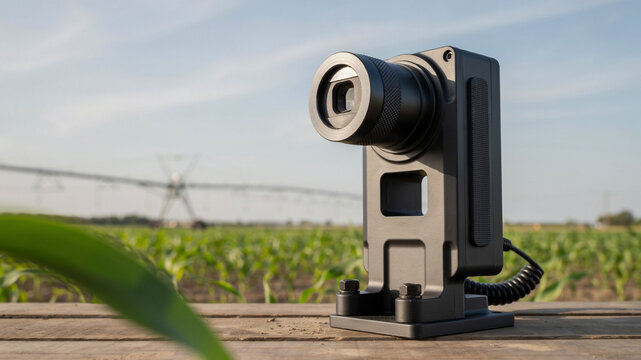 Close-up of a black thermal imaging camera mounted on a wooden surface in a field of green crops, with a large irrigation system visible in the background, under a bright, blue sky with scattered