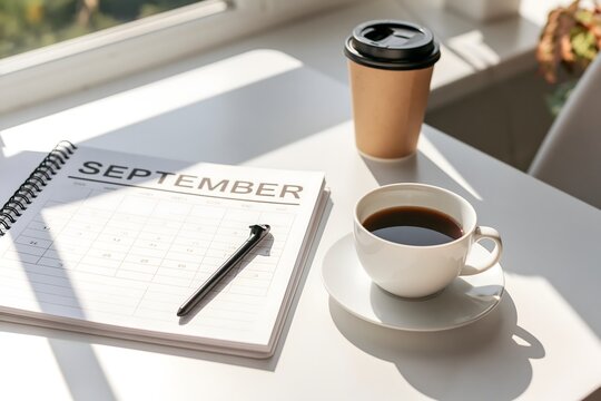 September Planung mit Kalender, Notizbuch und Kaffee am hellen Arbeitsplatz