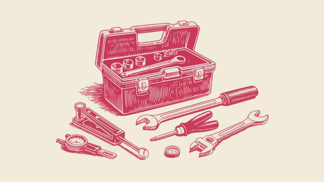 Vintage toolbox illustration, retro hand tools and hardware set, pink engraved style repair kit vector for DIY projects