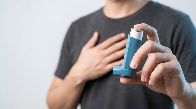 Man Holding Blue Asthma Inhaler with Hand on Chest, Respiratory Illness Medical Treatment Concept