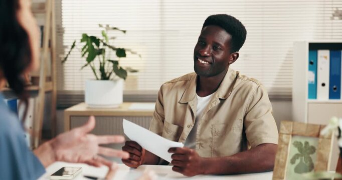 Doctor, man and patient with sick note for health prescription or diagnosis in clinic checkup. Male person, healthcare consultant or client with smile for form, medical certificate or consultation