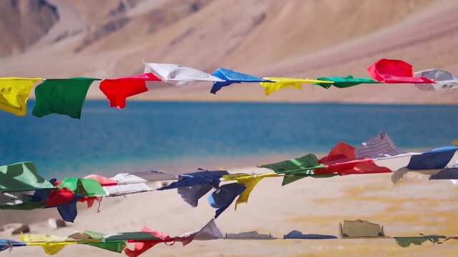 Slow motion shot of colorful Buddhist Tibetan prayer flags waving in the wind in front of blue colored Chandratal lake during the autumn season as seen on the way to Spiti Valley in Himachal, India.