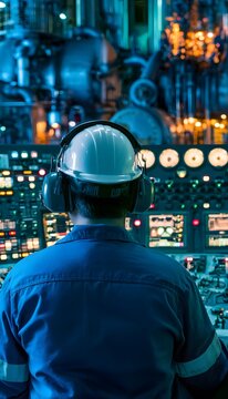 Technician monitoring glowing control panels inside a high tech industrial facility at night_