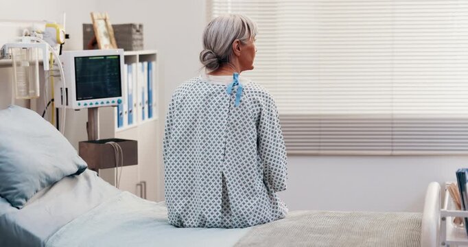 Healthcare, thinking and senior woman on hospital bed for recovery hope, cancer diagnosis and back. ICU ward, sick patient and elderly person with rehabilitation, deep thoughts or terminal illness