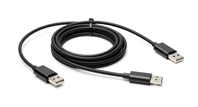 Black USB cable with connectors on white background.