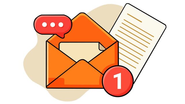 Animated footage featuring an open envelope, document, chat notification, and unread message alert, representing email communication, incoming messages, correspondence, notifications