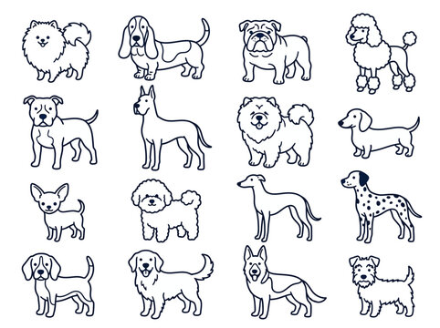 Diverse Dog Breeds Collected in Line Art.