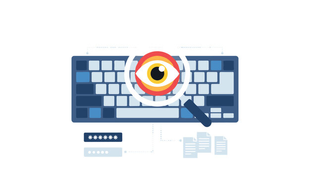 Magnifying glass scanning a computer keyboard looking for spyware, keyloggers, and digital surveillance tracking attempts.