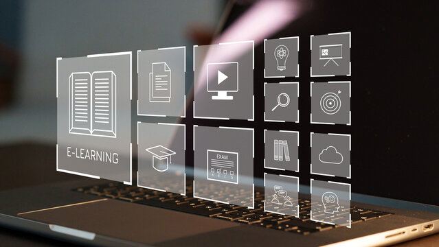E learning symbols displayed on a laptop screen with various educational icons and tools