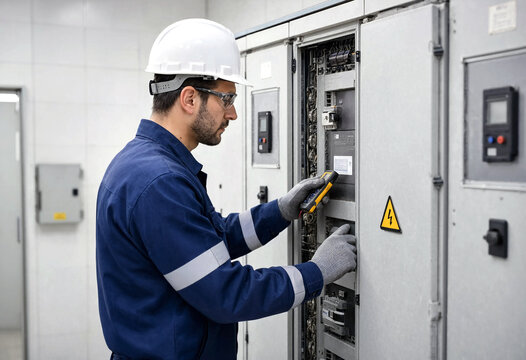Electrician in protective gear performing maintenance on industrial electrical panel with warning sign