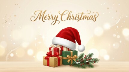 Naklejka premium Festive Christmas gifts piled high under a Santa hat with pine sprigs