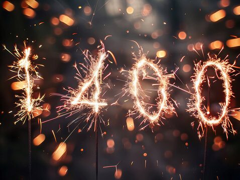 Summary Close-up shot of multiple sparklers creating 1400, lighting up a dark background with warm glow and cast shadows, high-tech aesthetic - AI-Generated