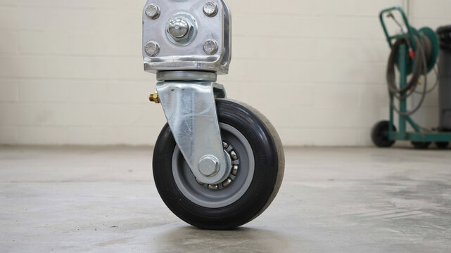 Detailed view of a heavy-duty industrial caster wheel with a black rubber tire and a silver metal bracket, mounted on a concrete floor in what appears to be a workshop or warehouse