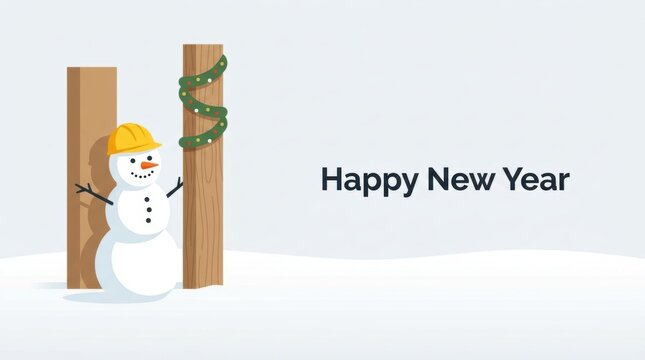 Happy New Year greeting with a snowman wearing a hard hat and festive garland