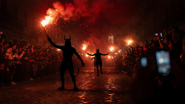 Silhouetted horned figures parade down a wet cobblestone street holding flaming torches while an energetic crowd watches the fiery night festival.
