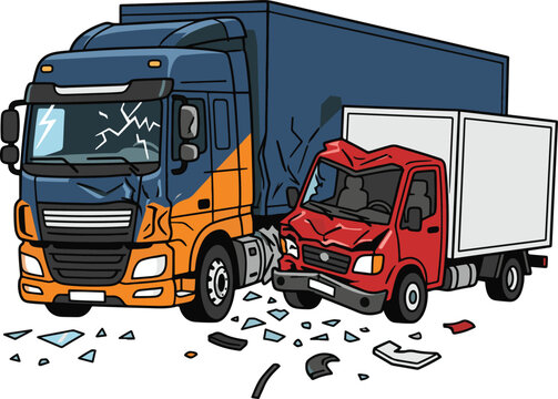 Detailed illustration of semi truck and red box truck collision with shattered glass, realistic vector design