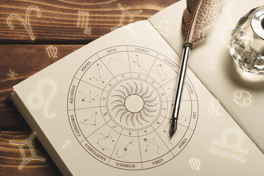 Exploring astrology zodiac signs with a chart and a pen on a wooden table