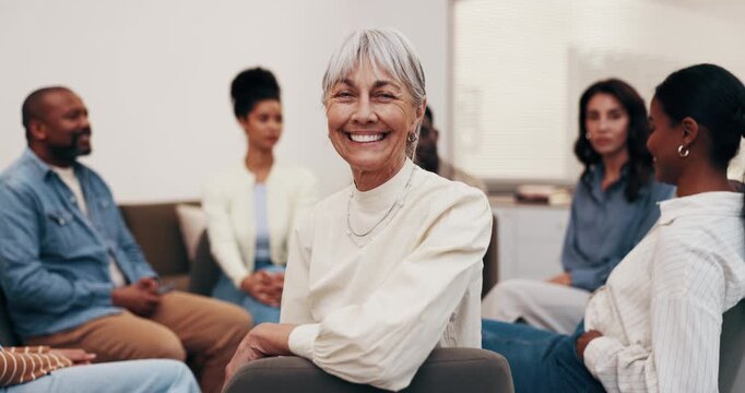 Counseling, face or woman with group session, wellness career or pride in mental health center. Happy, patient or senior therapist with portrait, clinic psychologist or about us in peer intervention.