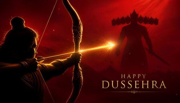 Lord rama aiming a glowing golden arrow from his bow at the ten-headed demon king ravana silhouette during dussehra festival celebration with hindu festival