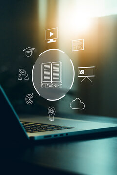 E learning concepts with laptop and various educational symbols in a bright setting