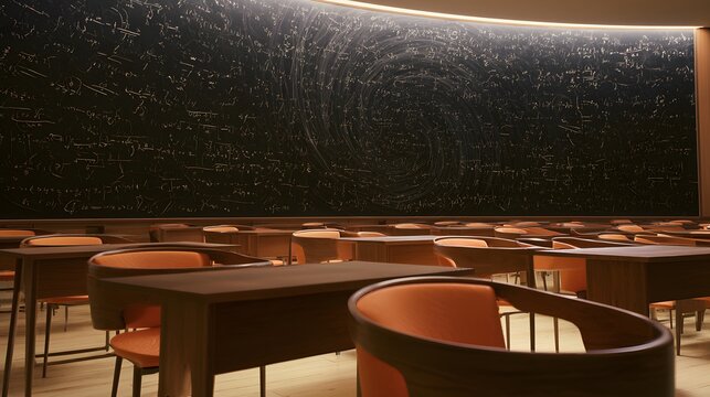 Cinematic wide shot of a modern classroom with complex math formulas on a large chalkboard_